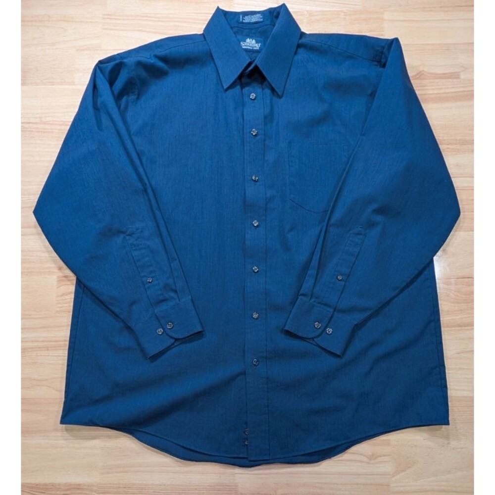 Stafford Shirt Mens XL 17.5 34/35 Wrinkle Free Button Down Long Sleeve Blue
